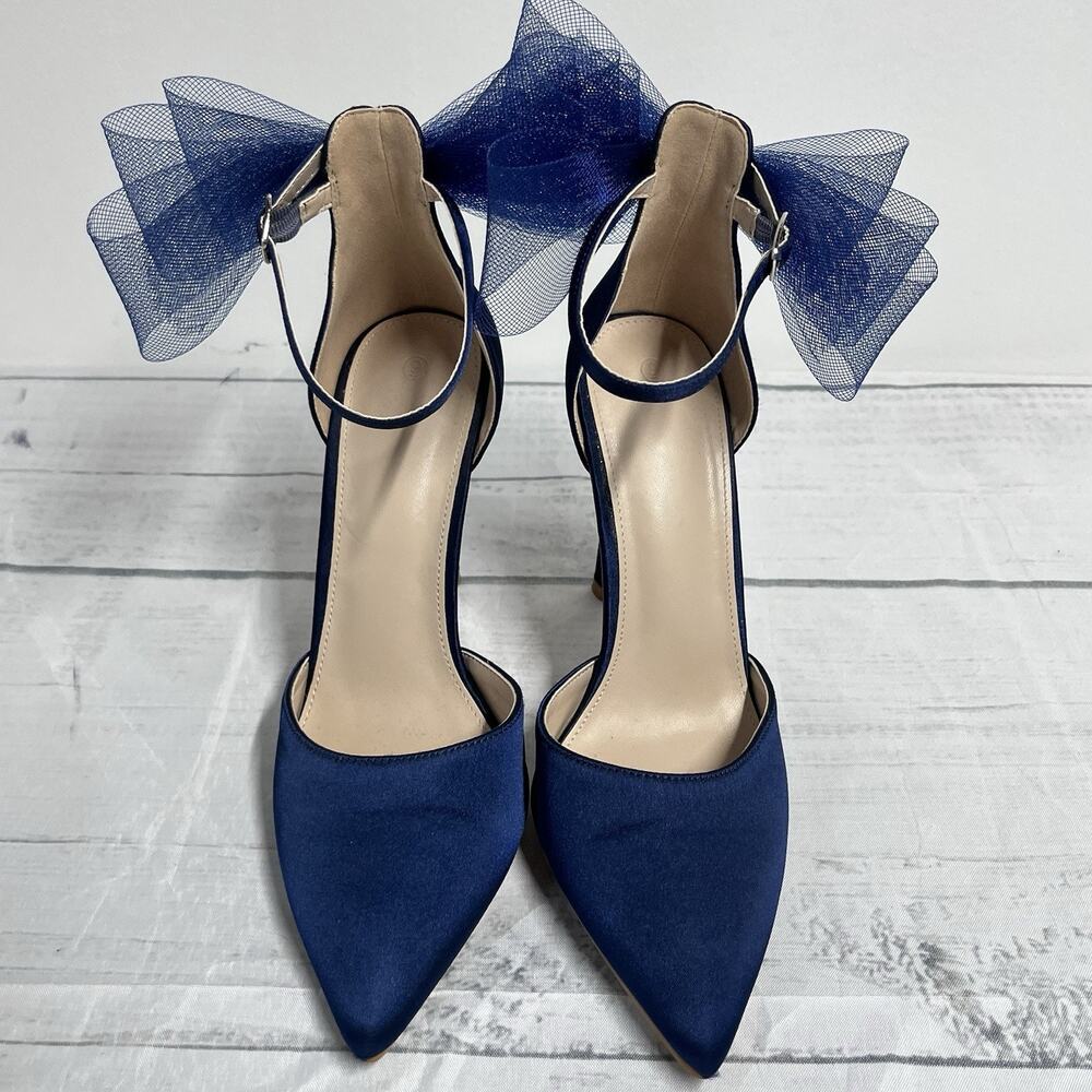 Navy Blue Satin Ultra High Heels Shoes size 9 Mesh Bow Prom Wedding Cocktail - Picture 2 of 12